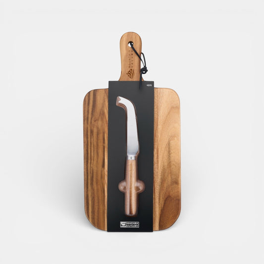 Impression M acacia wood cheese board with stainless steel knife and hanging strap for serving and preparation
