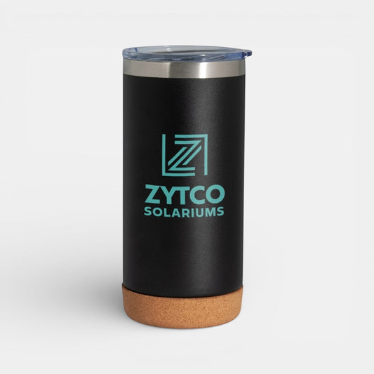 Impression M Lotus II 16 oz black stainless steel insulated tumbler with a natural cork base and clear lid.