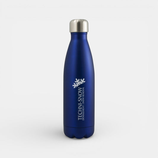 Impression M Inverness 1943 blue matte stainless steel insulated water bottle with custom logo print
