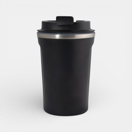 Impression M Kilkenny 2025 black stainless steel insulated travel mug with a secure lid, 380ml capacity.