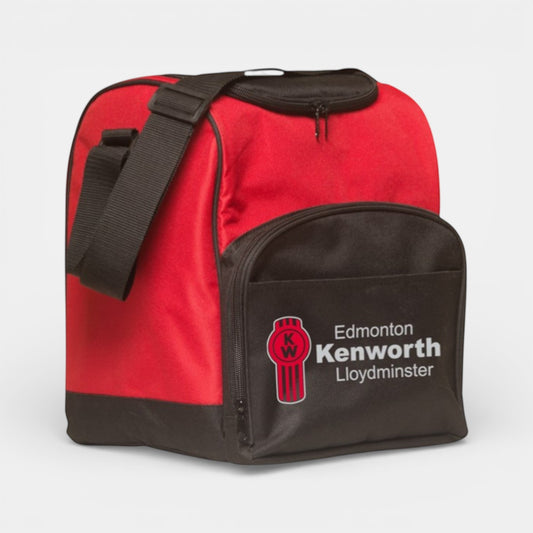 Impression M red and black insulated lunch bag with Kenworth logo, adjustable shoulder strap, and front pocket.