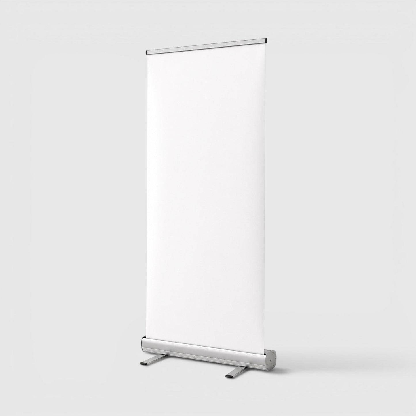Impression M retractable banner stand with a blank white display and silver base for trade shows and events.