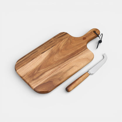 Impression M acacia wood cheese board with stainless steel knife and hanging strap for serving and preparation