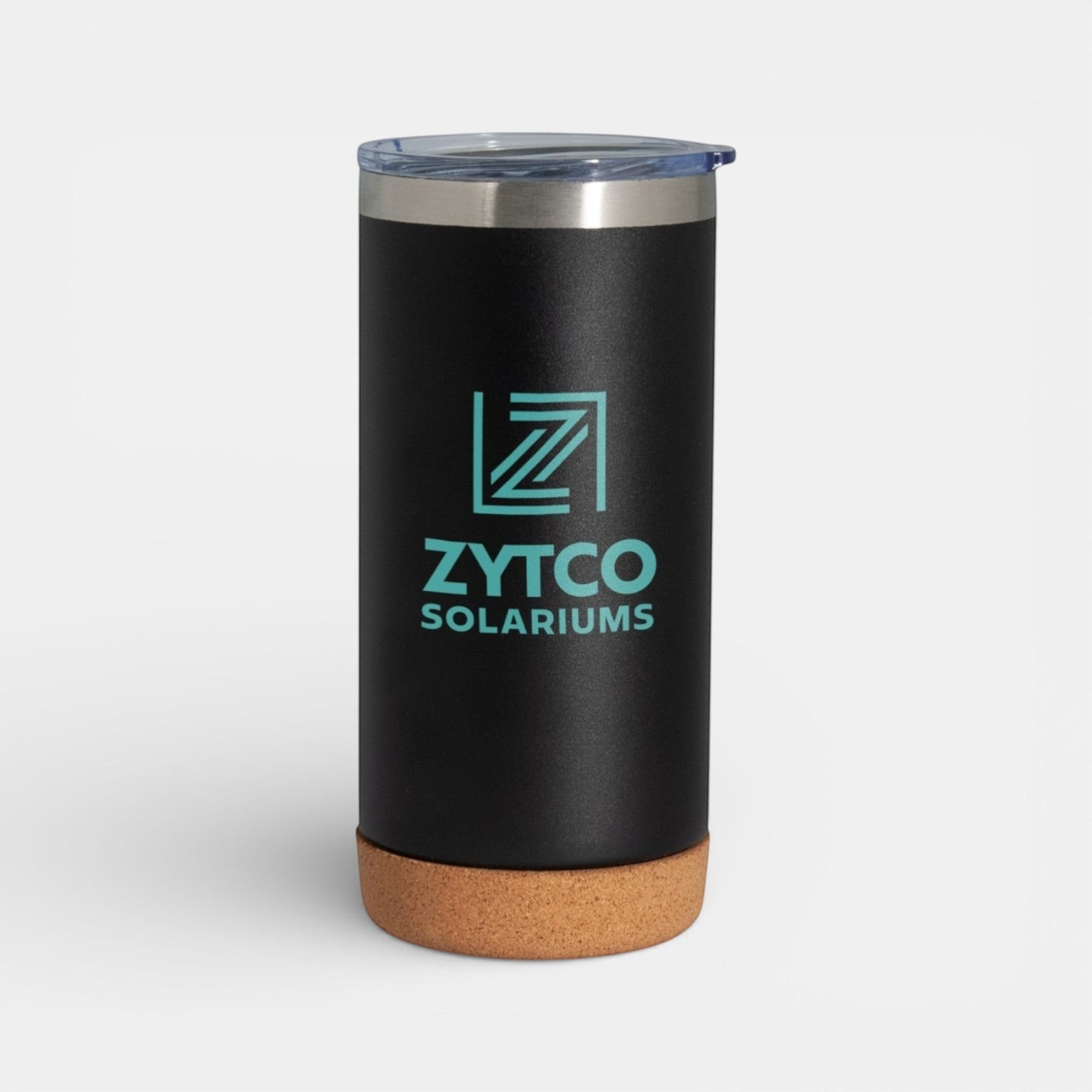Impression M Lotus II 16 oz black stainless steel insulated tumbler with a natural cork base and clear lid.