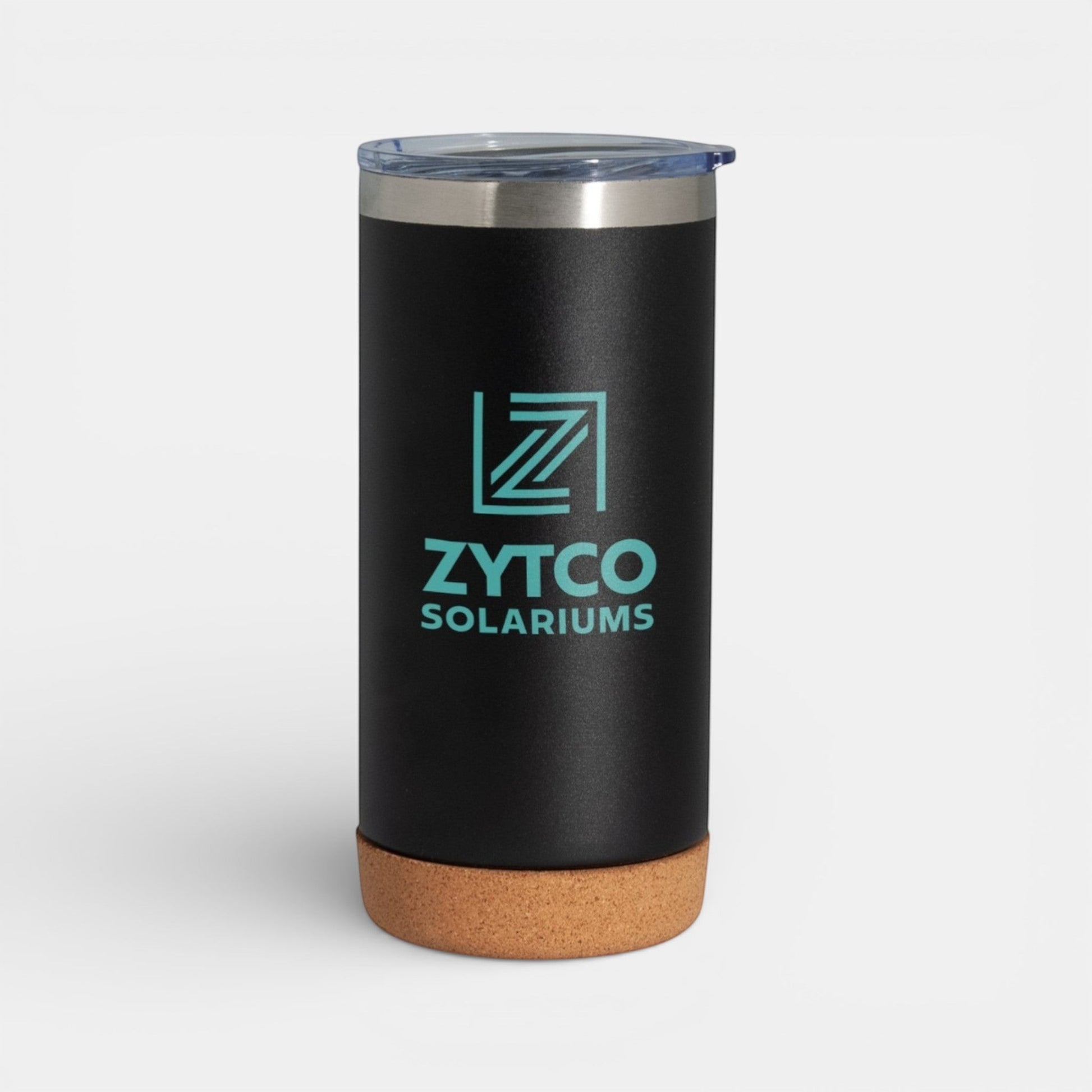 Impression M Lotus II 16 oz black stainless steel insulated tumbler with a natural cork base and clear lid.