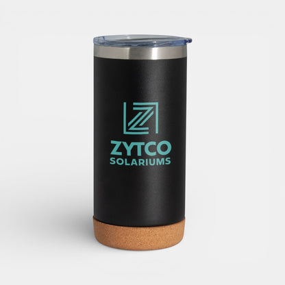 Impression M Lotus II 16 oz black stainless steel insulated tumbler with a natural cork base and clear lid.