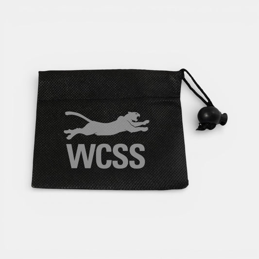 Impression M black non-woven polypropylene drawstring pouch for wheel nuts and tools with custom logo print