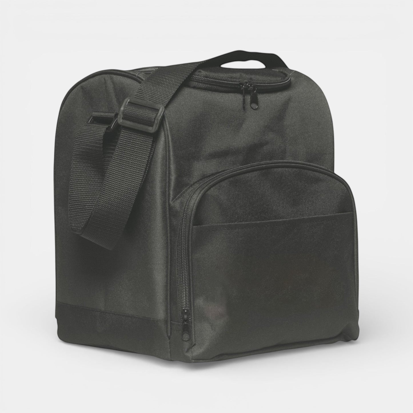 Impression M black insulated lunch bag with adjustable shoulder strap, front pocket, and durable polyester fabric.