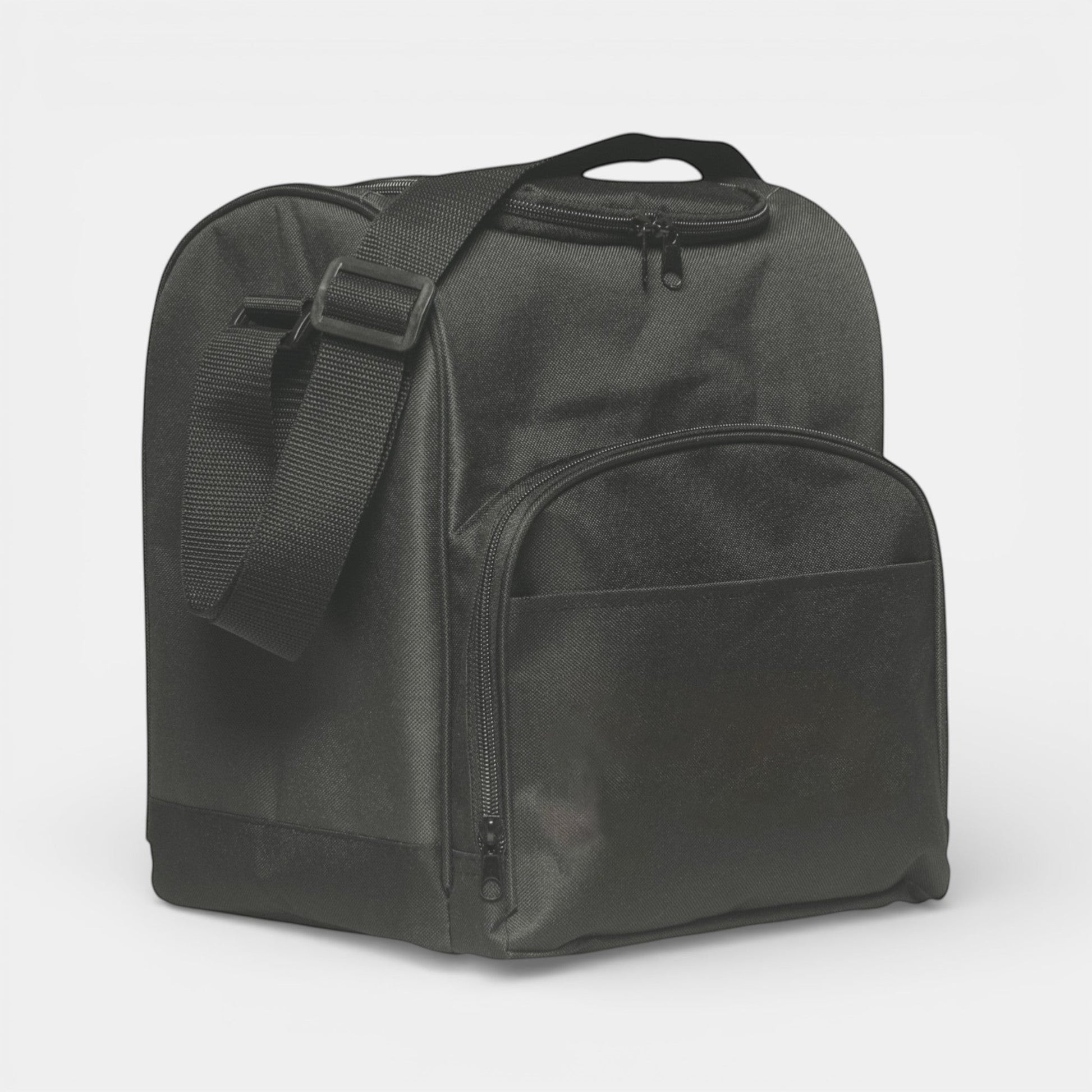 Impression M black insulated lunch bag with adjustable shoulder strap, front pocket, and durable polyester fabric.