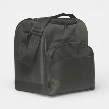 Impression M black insulated lunch bag with adjustable shoulder strap, front pocket, and durable polyester fabric.