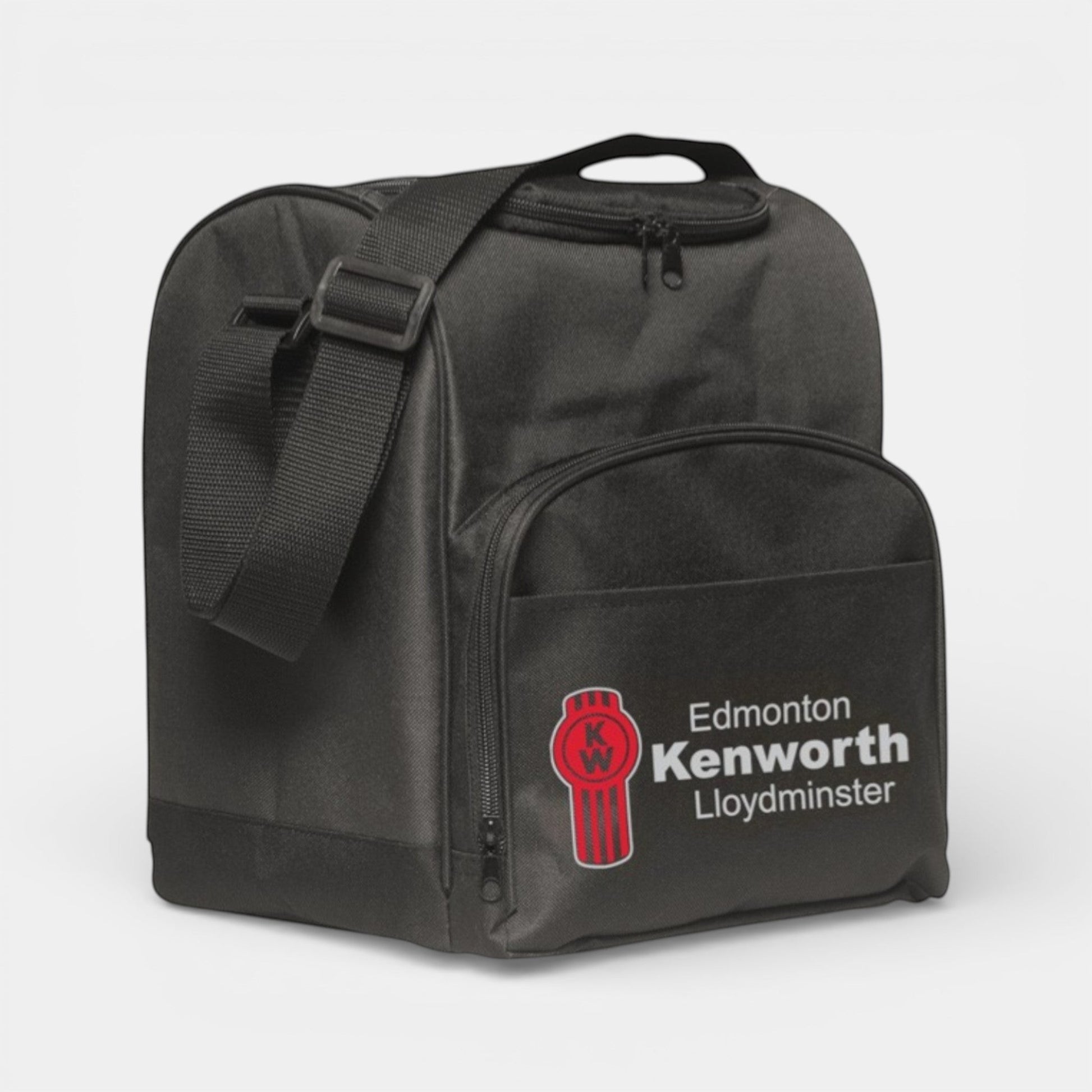 Impression M black insulated lunch bag with adjustable shoulder strap, front pocket, and Kenworth logo branding.
