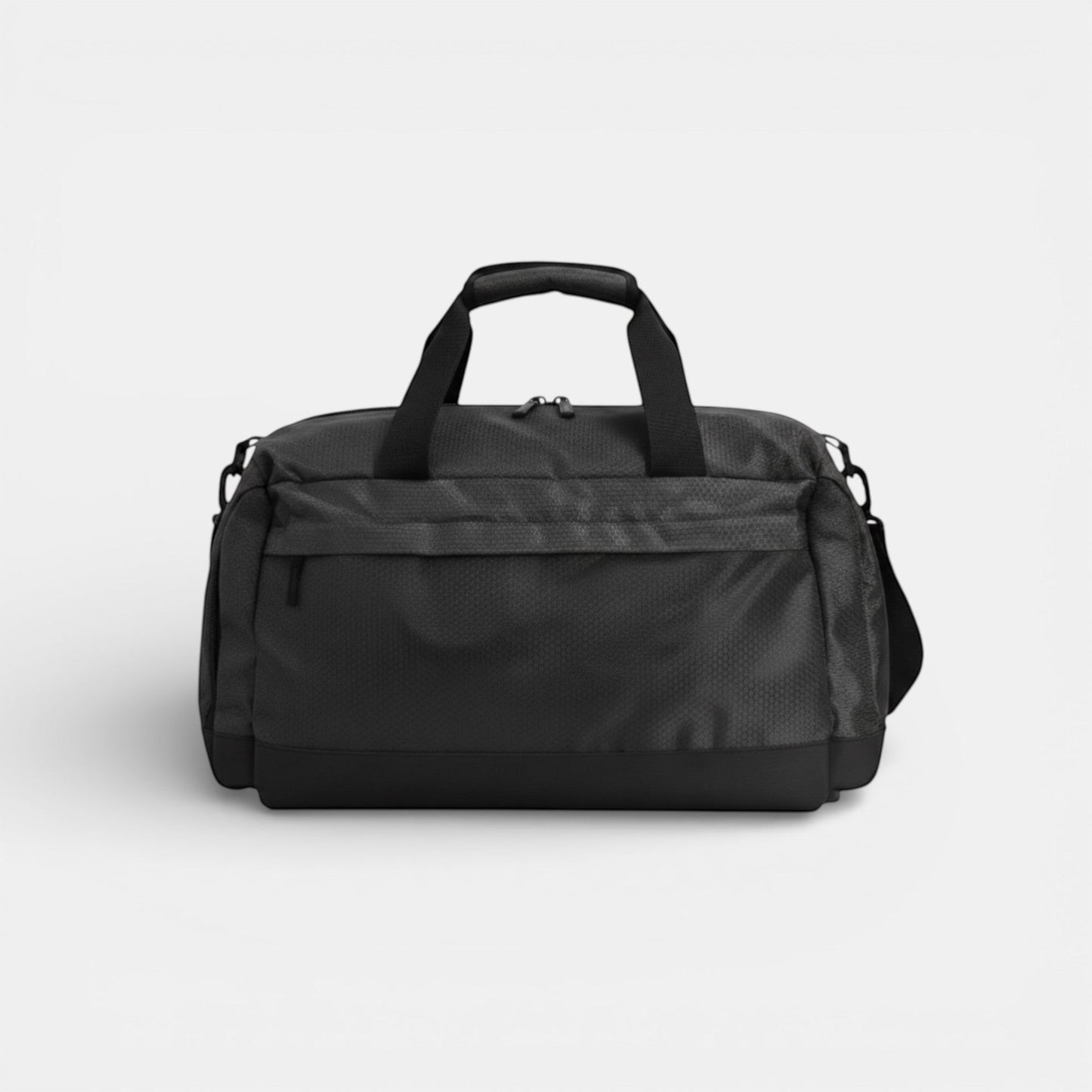 Impression M black Ripstop sports and travel duffel bag with a front zipper pocket and durable water-resistant fabric.