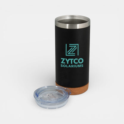 Impression M black stainless steel insulated tumbler with cork base and clear lid featuring Zytco Solariums logo