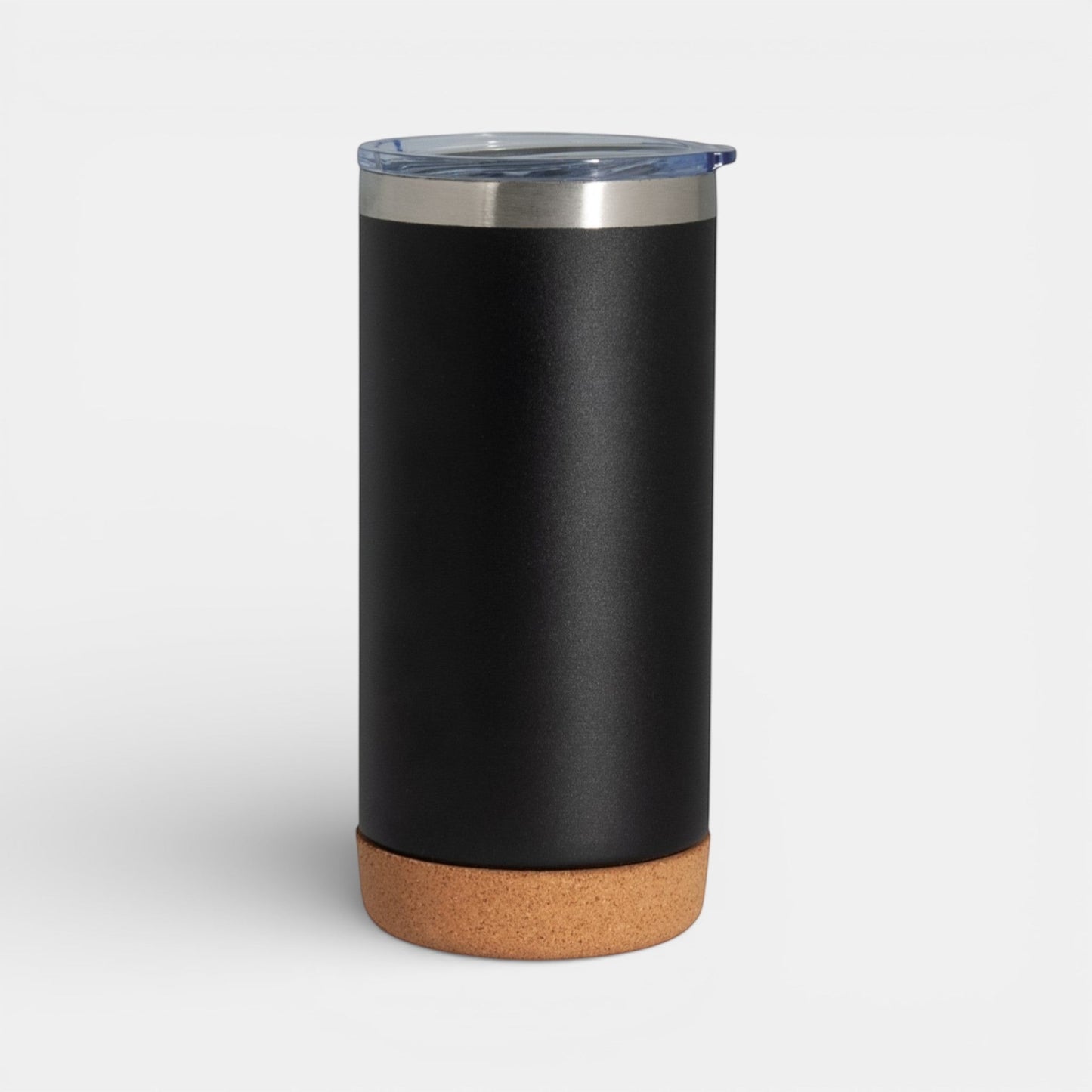 Impression M Lotus II 16 oz black stainless steel insulated tumbler with a natural cork base and clear lid.