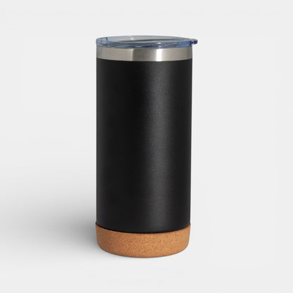 Impression M Lotus II 16 oz black stainless steel insulated tumbler with a natural cork base and clear lid.