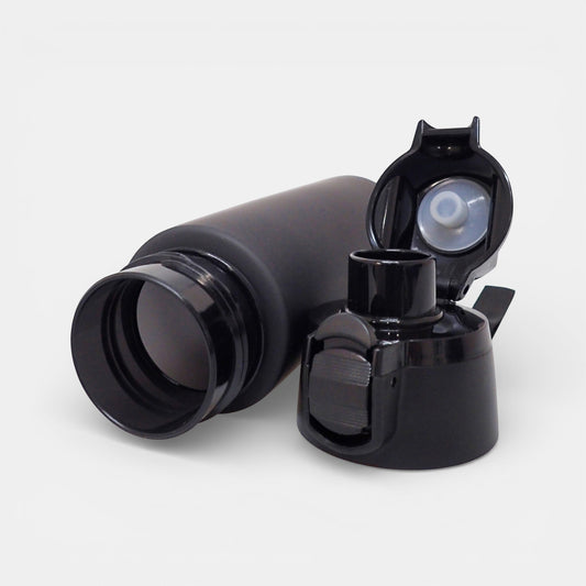 Impression M black Julio Tritan 750ml sports water bottle with open flip-top lid on a white background