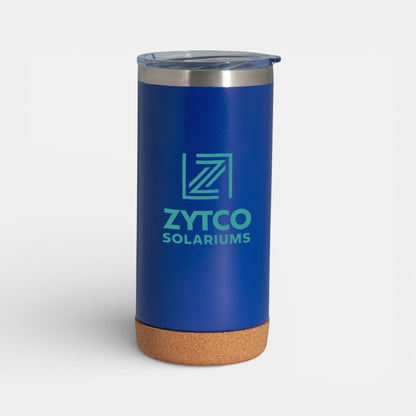 Impression M Lotus II 16 oz blue stainless steel insulated tumbler with a natural cork base and clear sliding lid.
