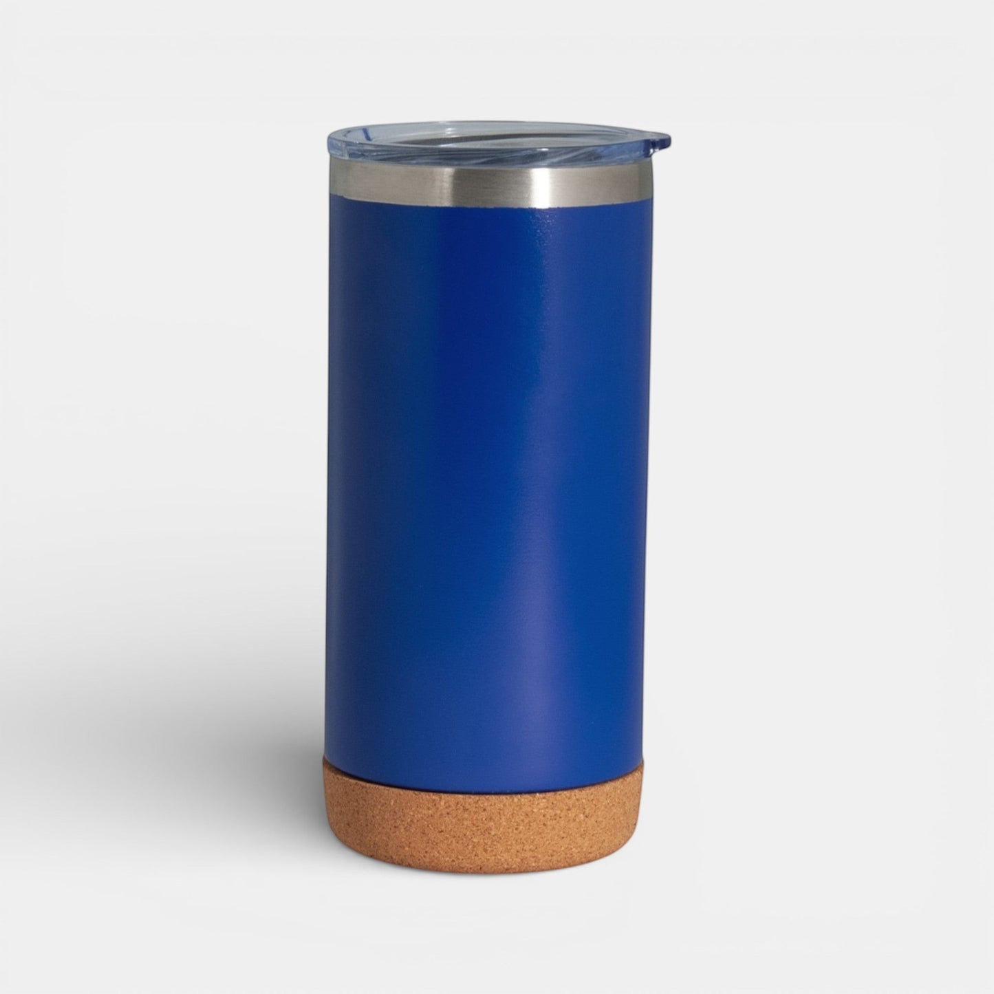 Impression M blue stainless steel insulated tumbler with a natural cork base and clear sliding lid