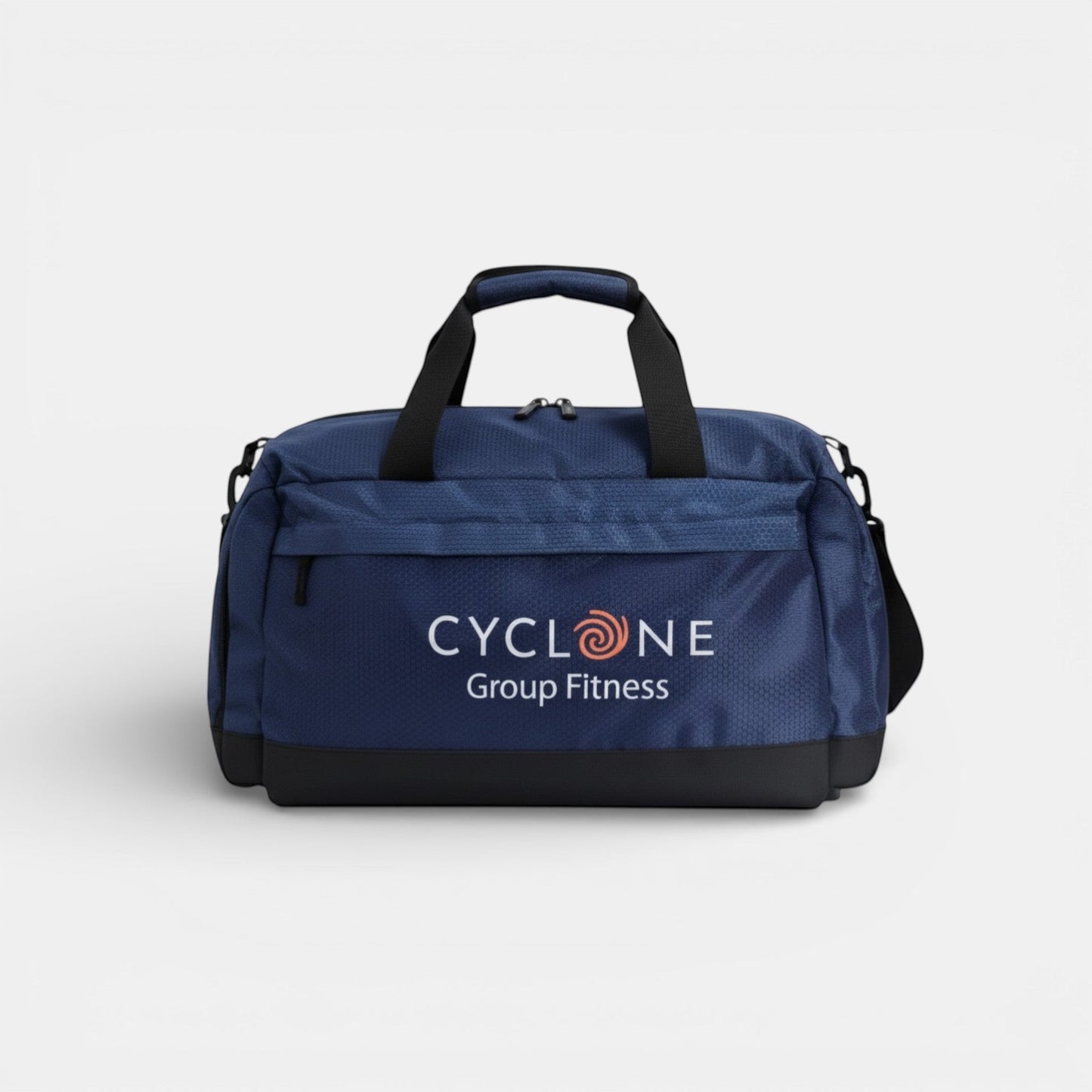 Impression M blue Ripstop 420D sports and travel duffel bag with front zipper pocket and Cyclone Group Fitness logo