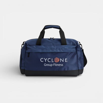 Impression M blue Ripstop 420D sports and travel duffel bag with front zipper pocket and Cyclone Group Fitness logo