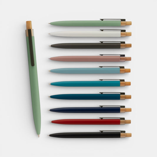 Impression M Stylo Crescendo 2040 ballpoint pens in various colors with recycled aluminum and bamboo accents.