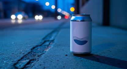 Impression M custom rectangular label on a beverage can with a glossy finish and blue wave graphic design