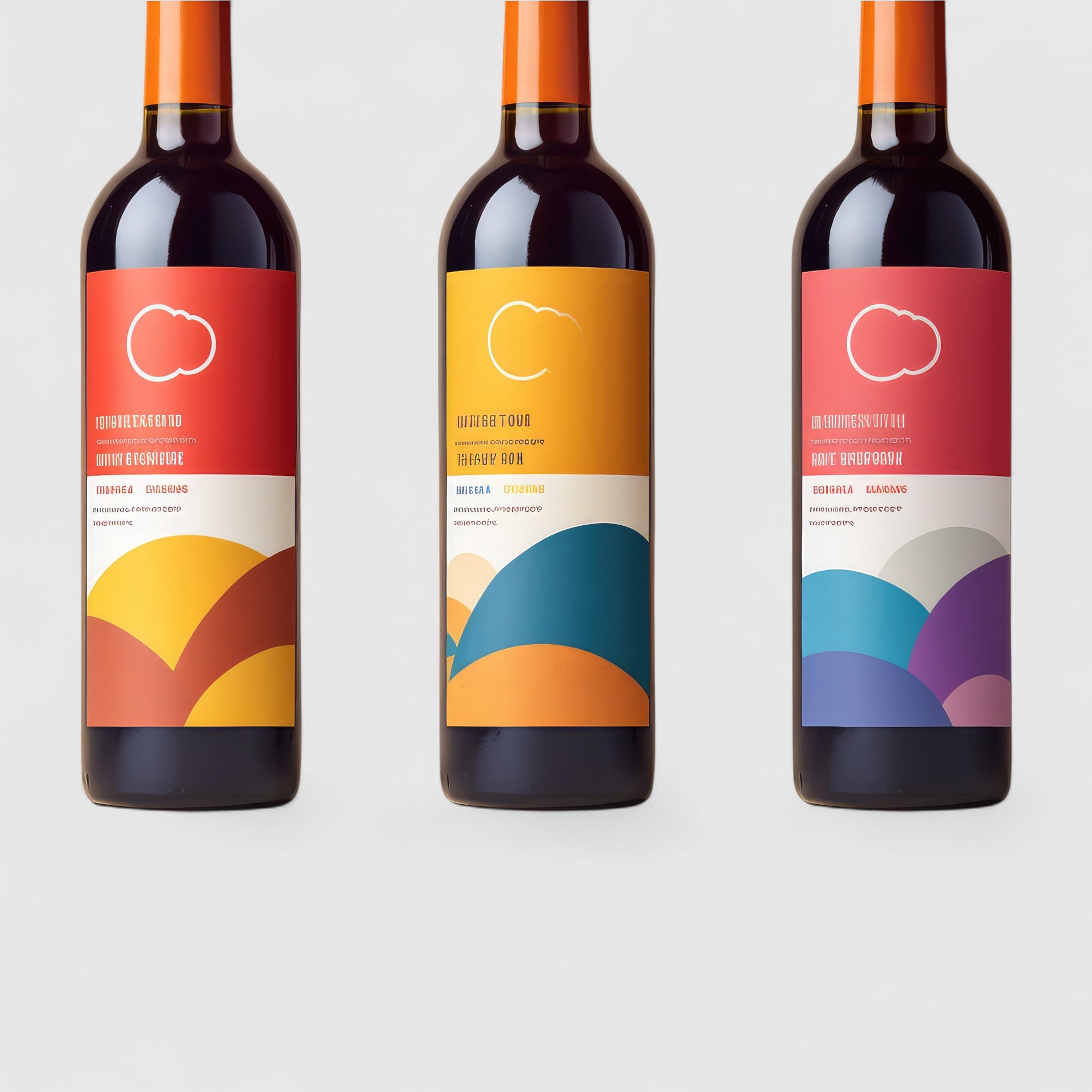 Impression M custom rectangular labels on wine bottles with glossy finish and vibrant landscape graphic designs.