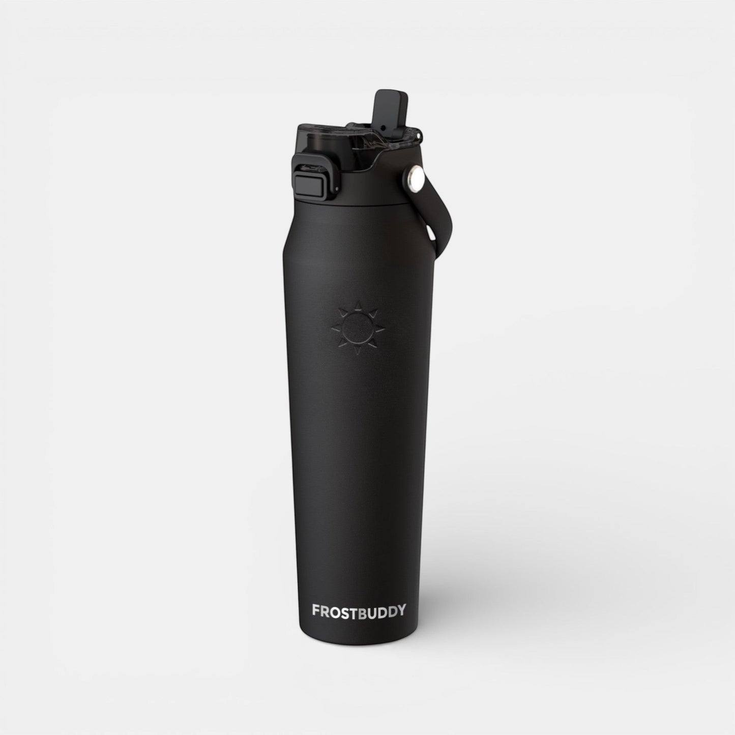 Impression M Frost Buddy matte black stainless steel insulated water bottle with leak-proof lid and carry handle.