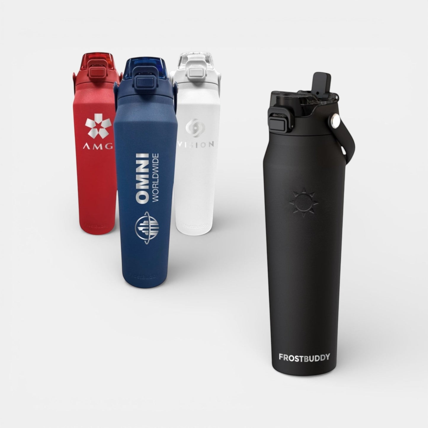 Impression M Frost Buddy stainless steel insulated water bottles in red, blue, white, and black with custom logos.