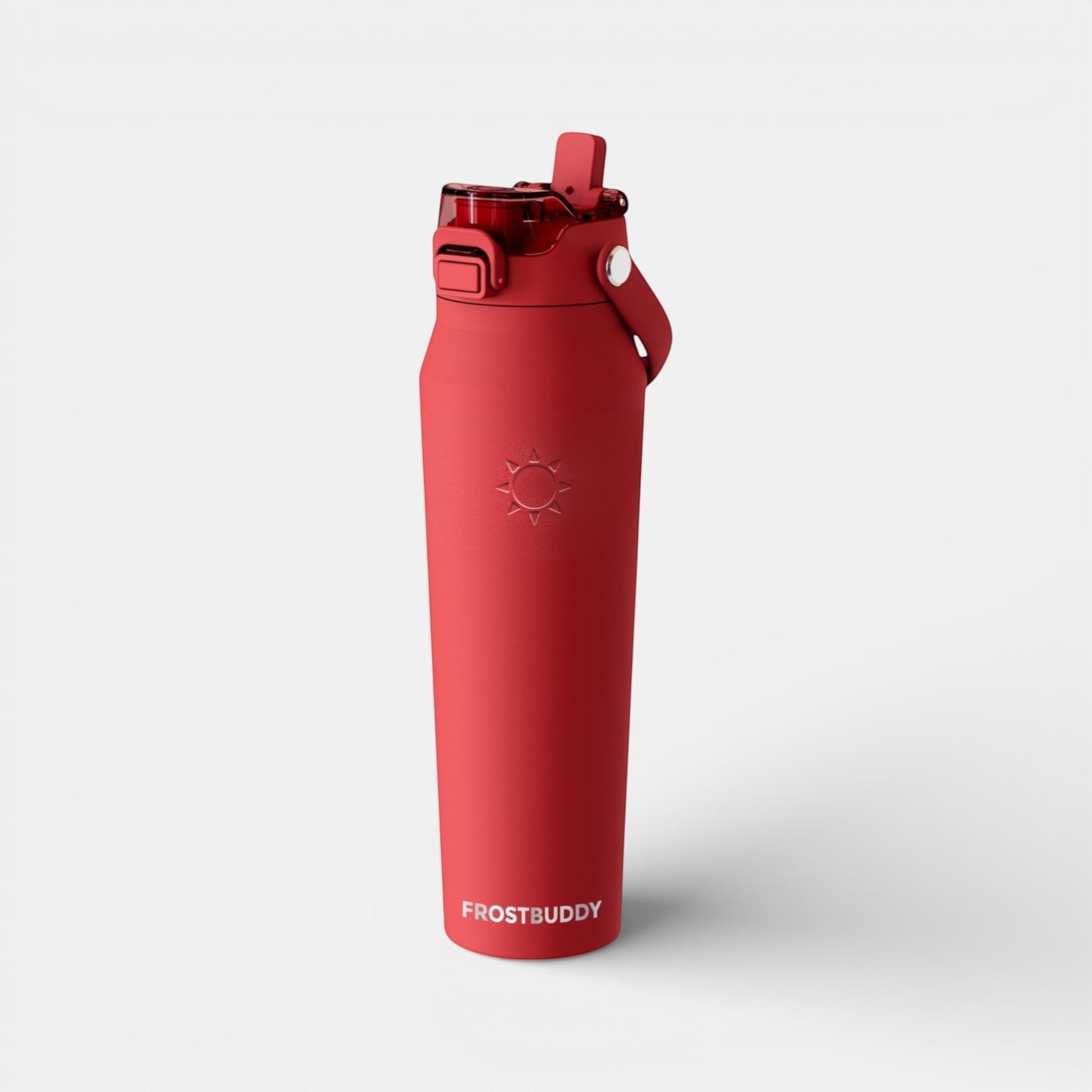 Impression M Frost Buddy insulated red stainless steel water bottle with leak-proof lid and sun logo