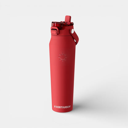 Impression M Frost Buddy insulated red stainless steel water bottle with leak-proof lid and sun logo