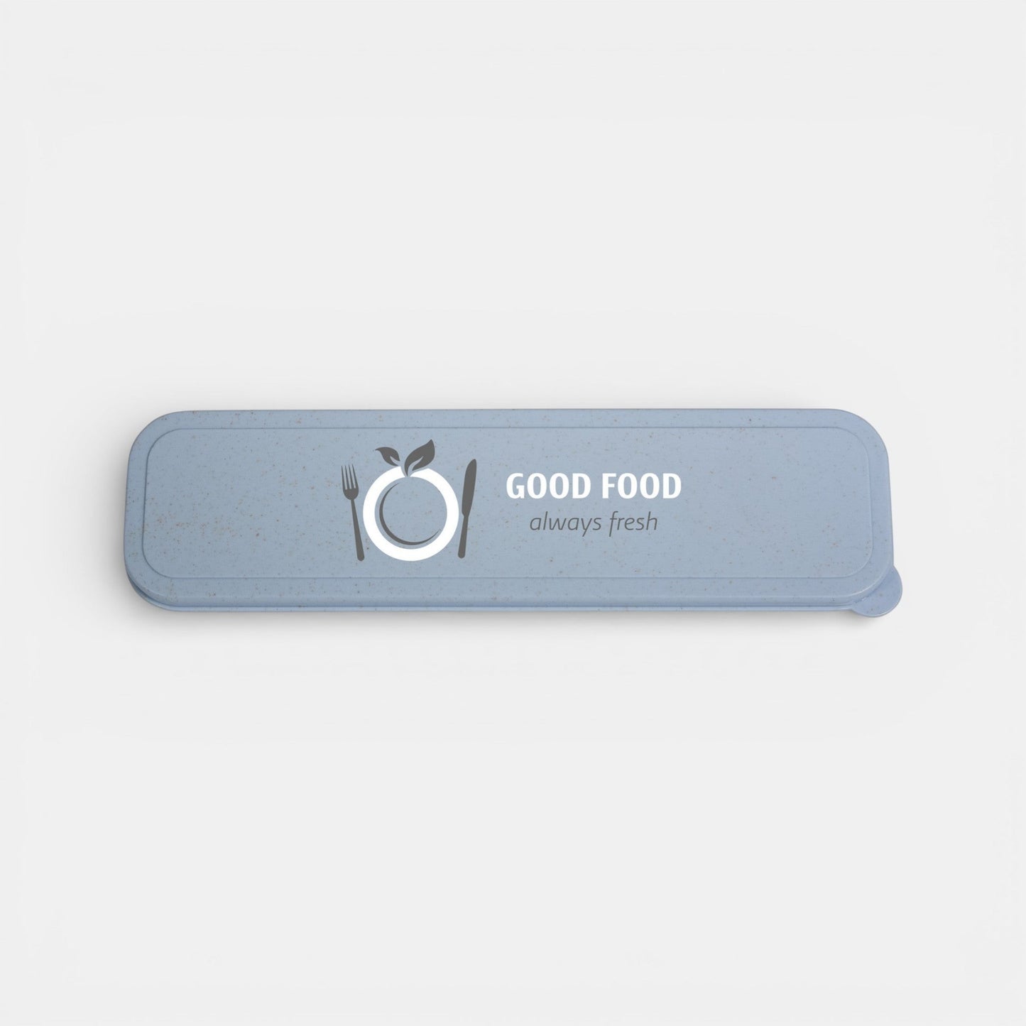 Impression M Hera biodegradable wheat straw cutlery set in a light blue travel case with Good Food branding.