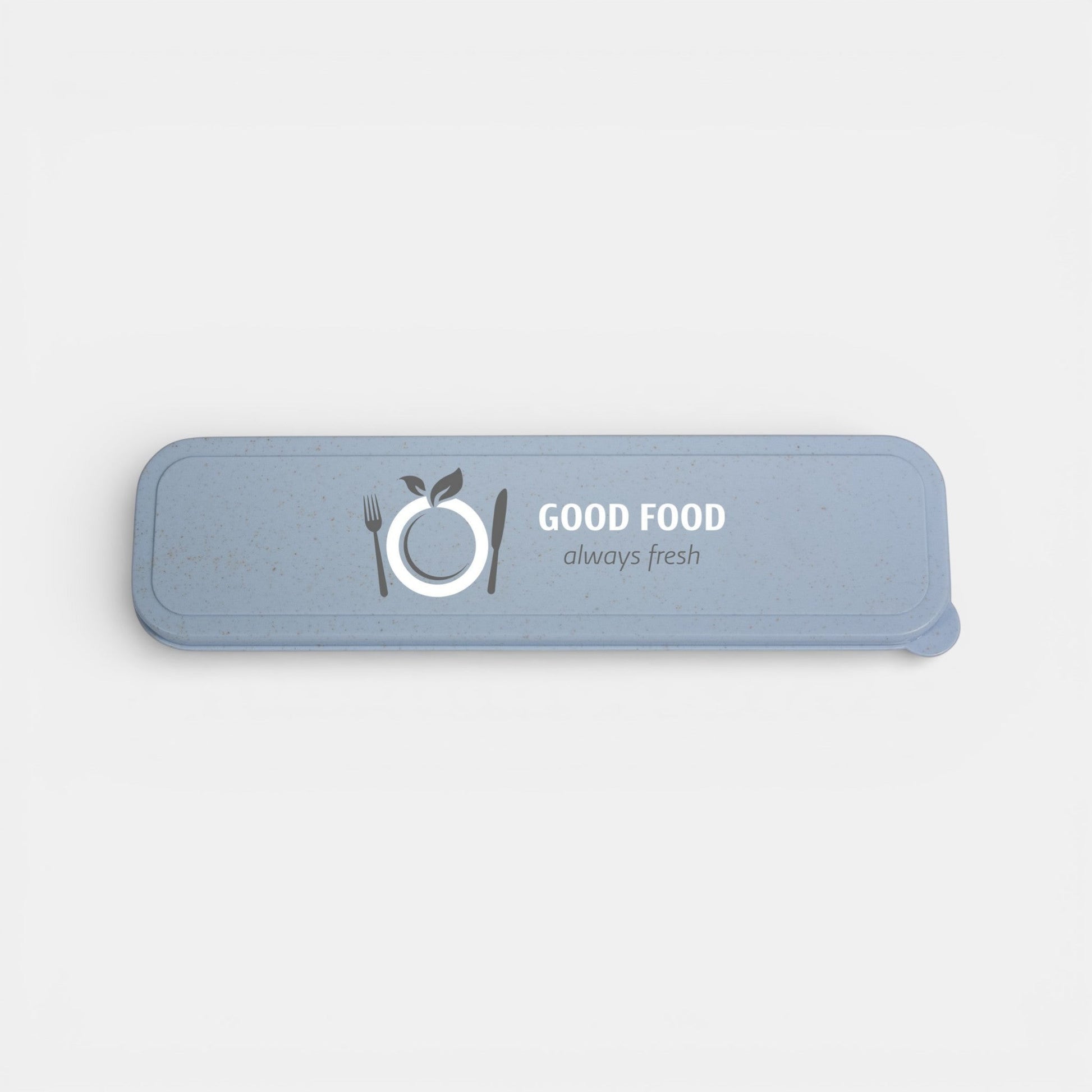 Impression M Hera biodegradable wheat straw cutlery set in a light blue travel case with Good Food branding.