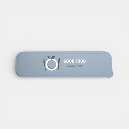 Impression M Hera biodegradable wheat straw cutlery set in a light blue travel case with Good Food branding.
