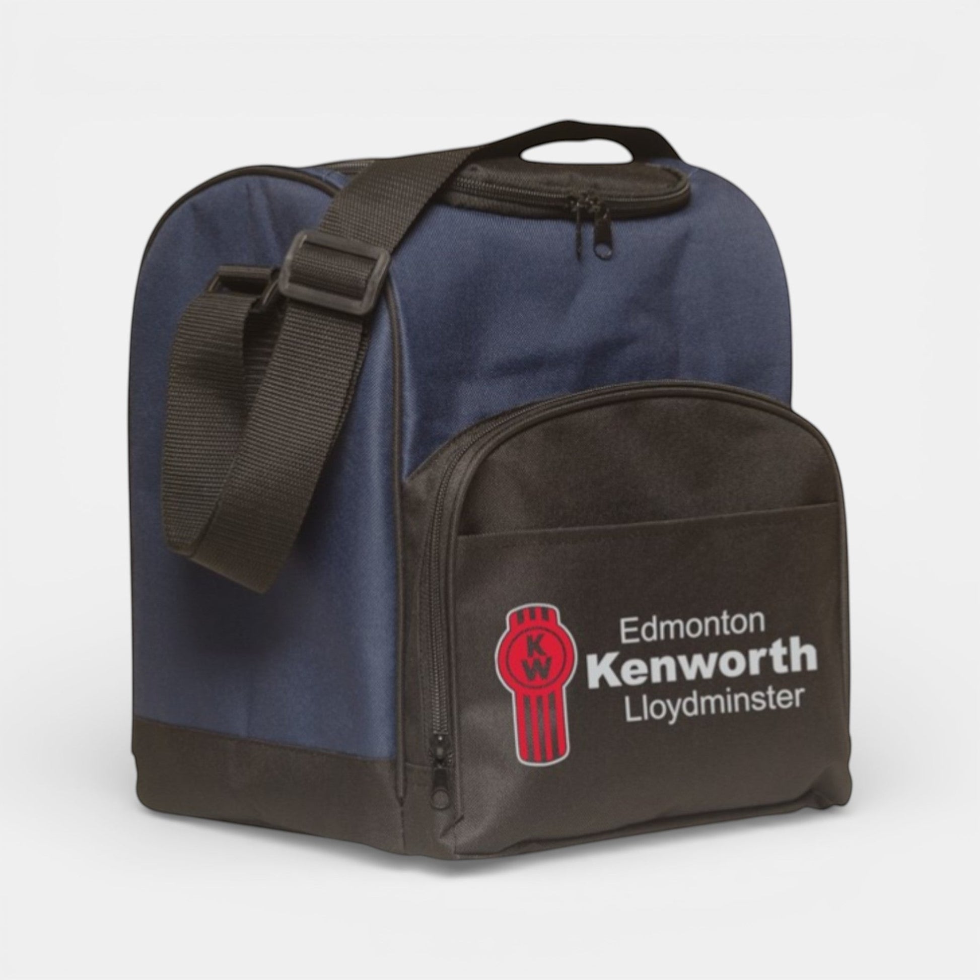 Impression M insulated lunch bag in navy and black polyester with adjustable shoulder strap and front pocket