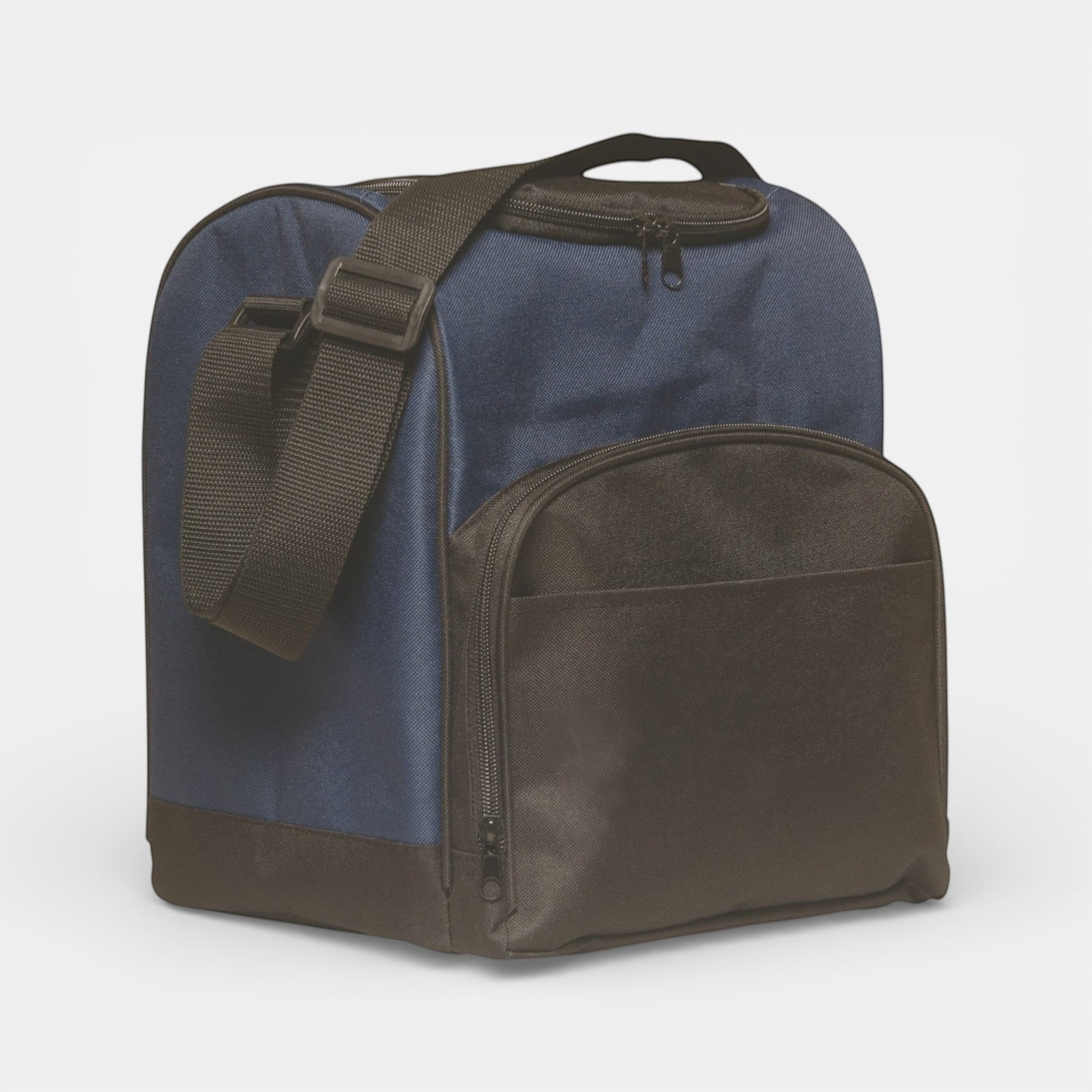Impression M insulated lunch bag in navy blue and black polyester with an adjustable shoulder strap and front pocket.