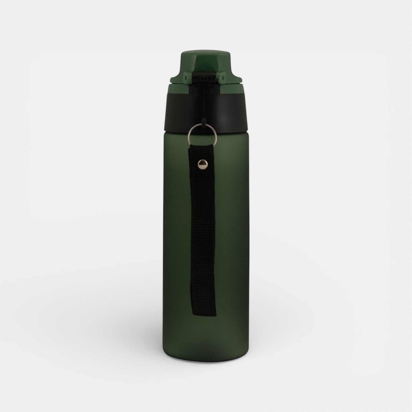 Impression M Julio Tritan 750ml dark green sports water bottle with a black carrying strap and secure lid.