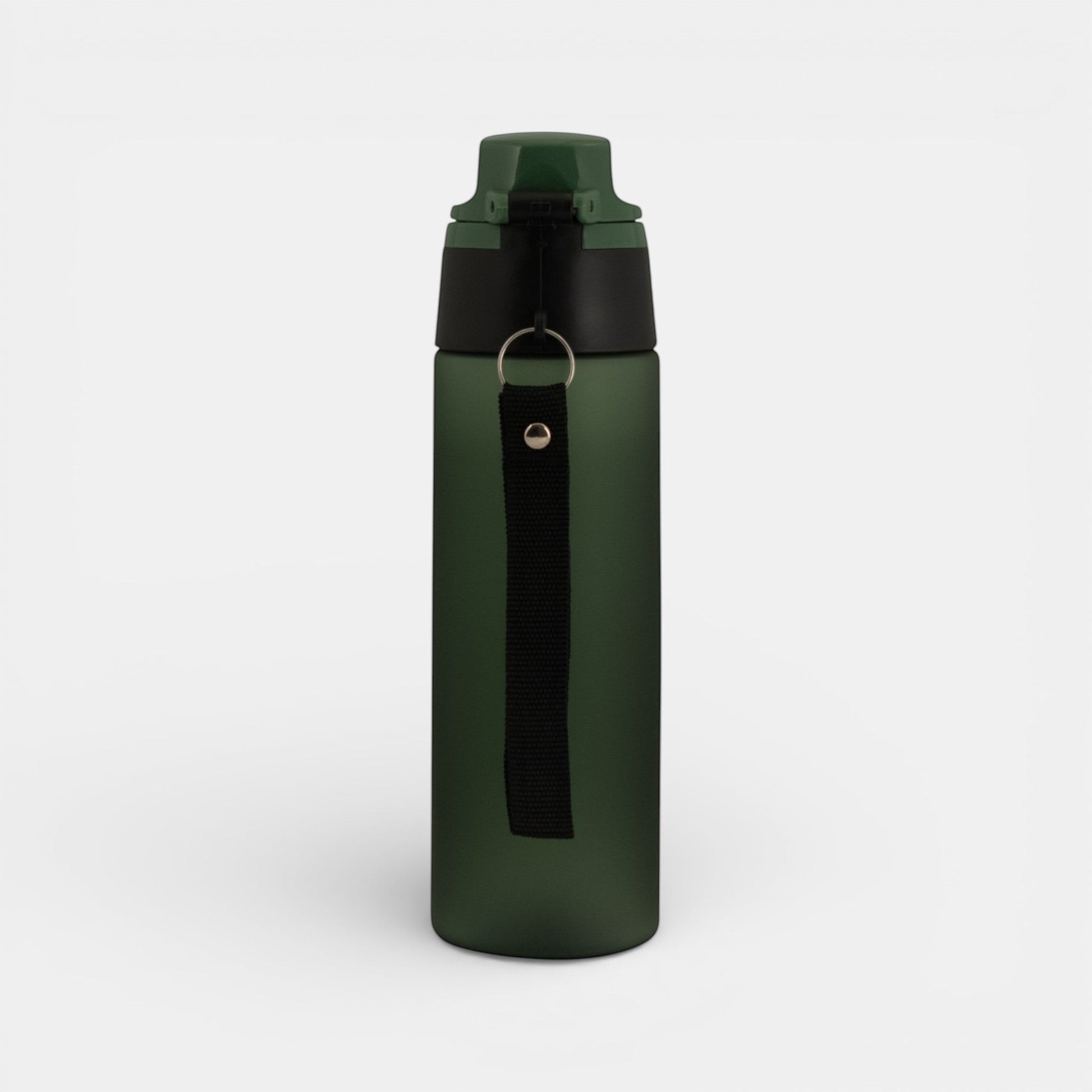 Impression M Julio Tritan 750ml dark green sports water bottle with a black carrying strap and secure lid.