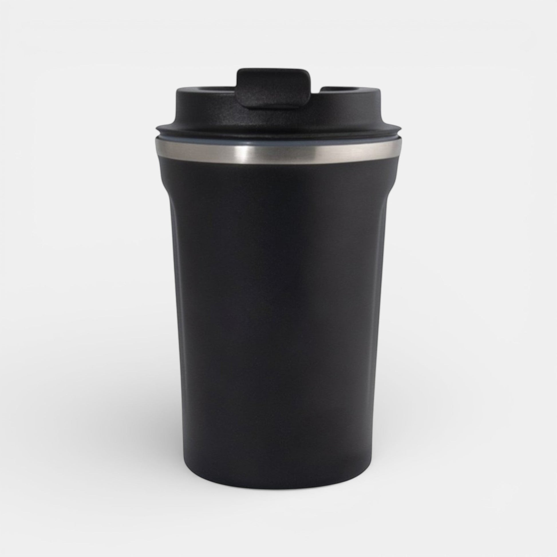 Impression M Kilkenny 2025 black stainless steel insulated travel mug with a secure lid, 380ml capacity.