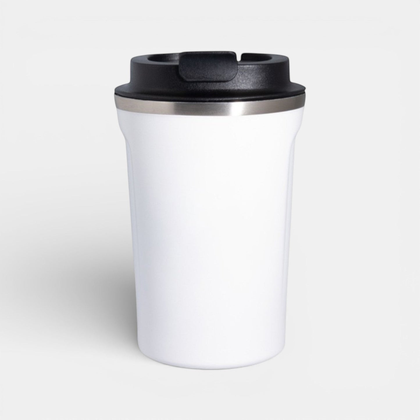 Impression M Kilkenny 2025 white double-walled stainless steel insulated travel mug with black lid