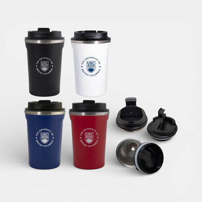 Impression M Kilkenny 2025 insulated stainless steel travel mugs in black, white, blue, and red with UBC logo.