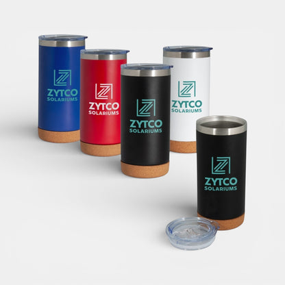 Impression M Lotus II stainless steel insulated tumblers in blue, red, black, and white with natural cork bases.