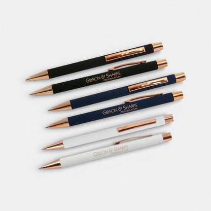 Impression M Lyvia 2063 ballpoint pens in black, navy, and white with rose gold accents and custom laser engraving.