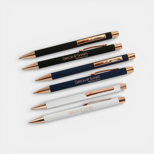 Impression M Lyvia 2063 ballpoint pens in black, navy, and white with rose gold accents and custom laser engraving.
