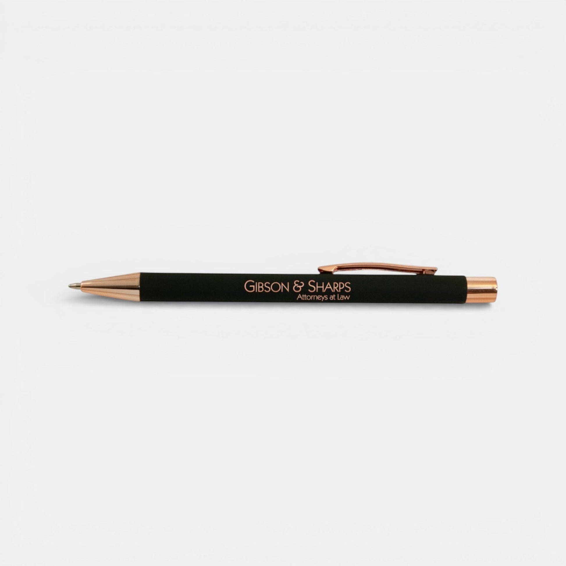 Impression M Lyvia 2063 black aluminum ballpoint pen with rose gold accents and custom laser engraving.
