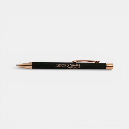 Impression M Lyvia 2063 black aluminum ballpoint pen with rose gold accents and custom laser engraving.