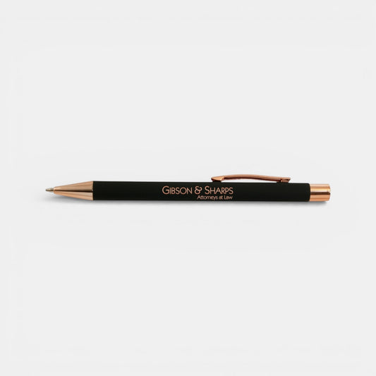 Impression M Lyvia 2063 black aluminum ballpoint pen with rose gold accents and custom laser engraving.