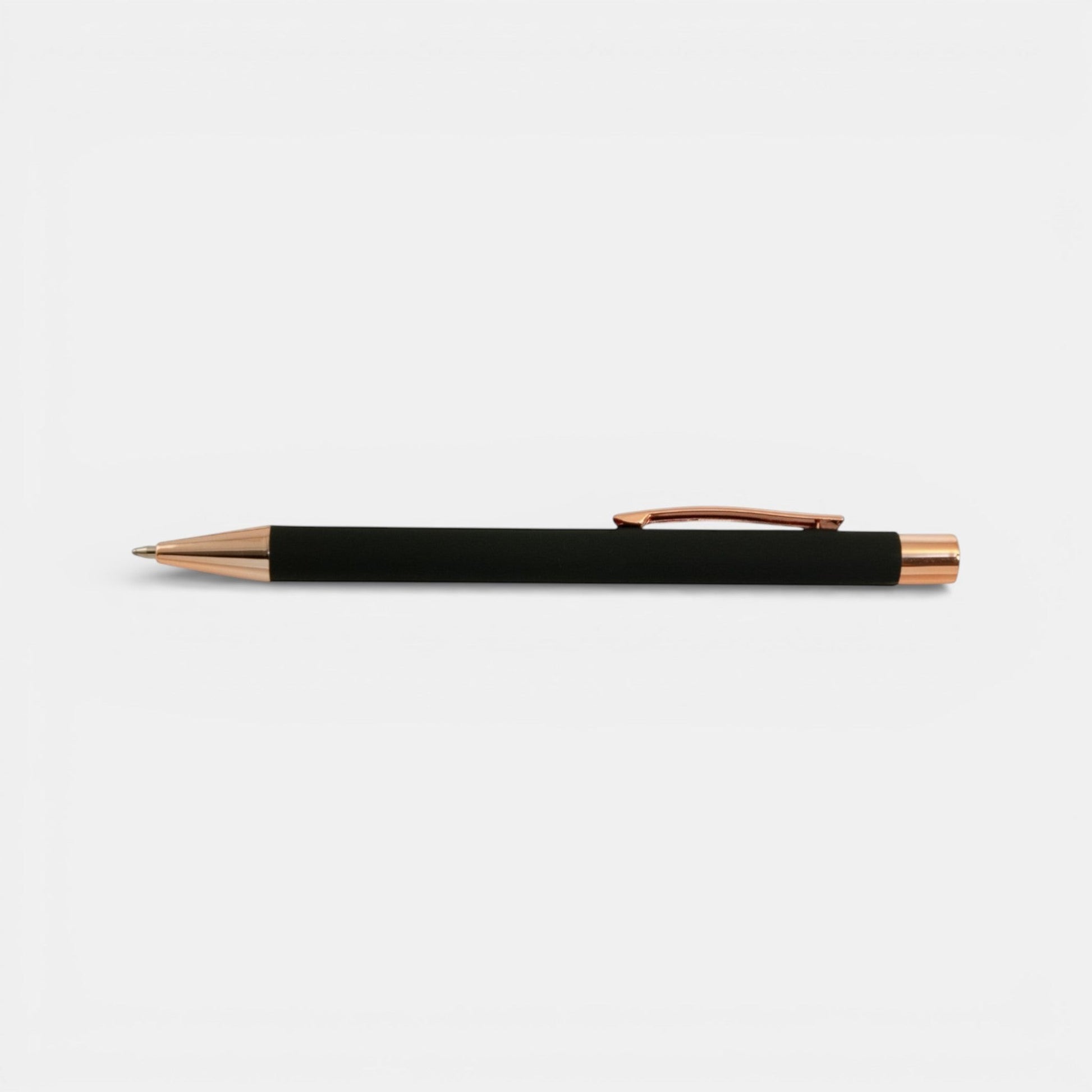 Impression M Lyvia 2063 ballpoint pen in matte black aluminum with elegant rose gold accents and clip.