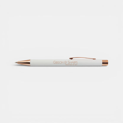 Impression M Stylo Lyvia 2063 ballpoint pen in white aluminum with rose gold accents and custom laser engraving.