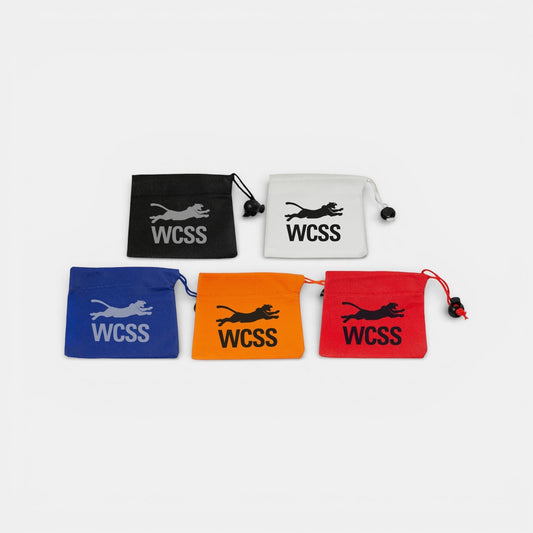 Impression M Nuto 2027 drawstring pouches in black, white, blue, orange, and red with WCSS logo for tool storage